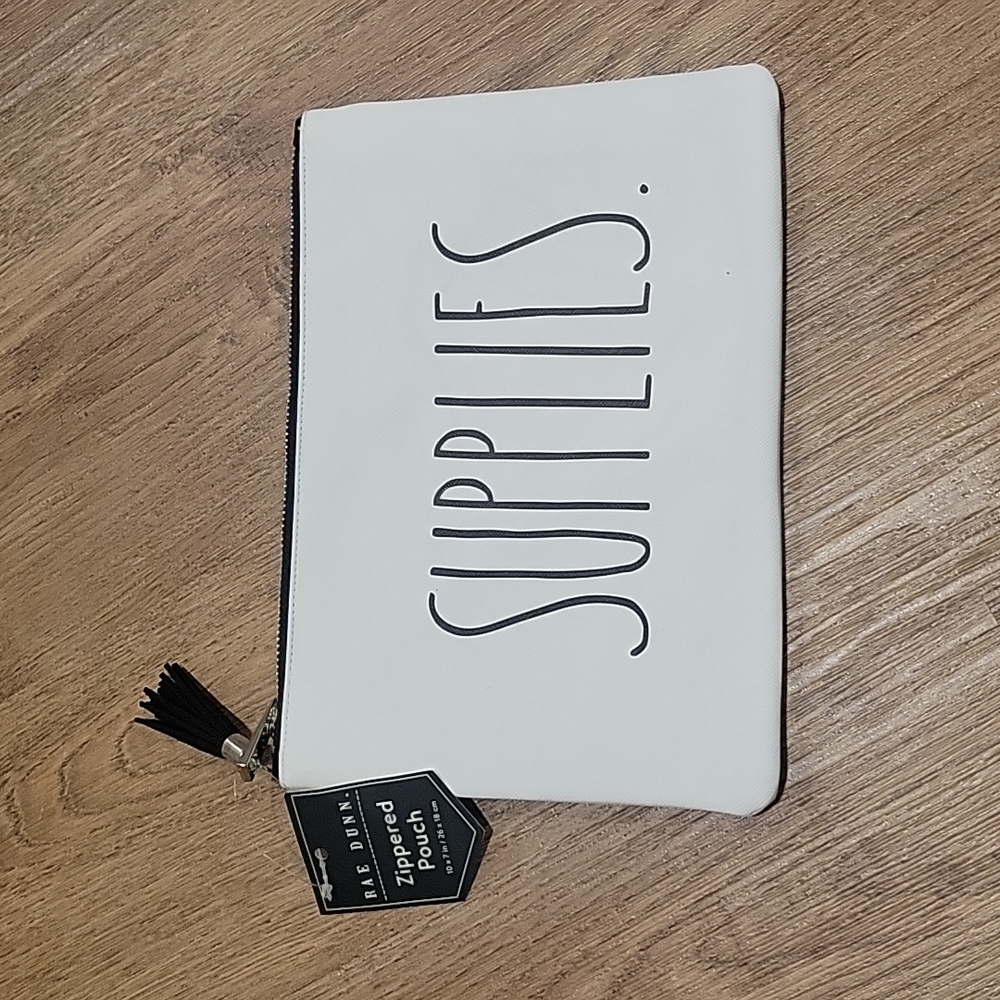 RAE DUNN White Zipper Faux Leather Pouch "SUPPLIES